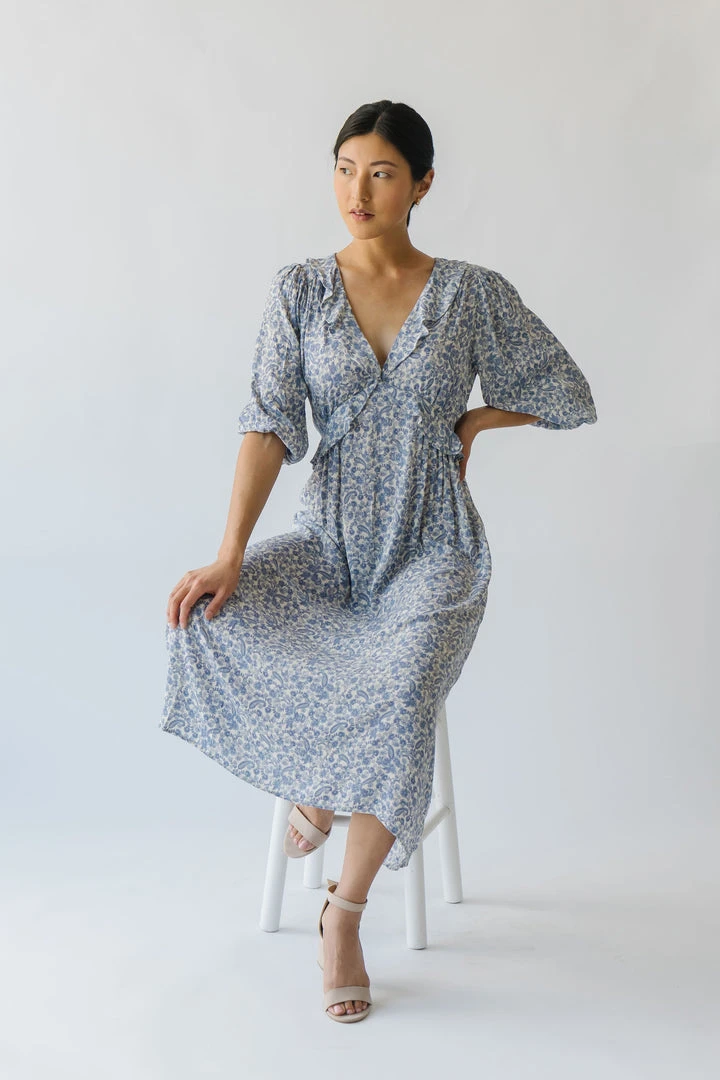 Piper & Scoot The Marilda Ruffle Midi Dress In Denim Dresses