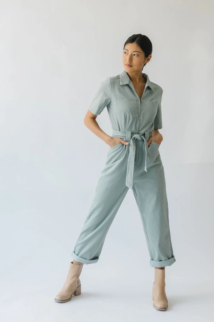 Piper & Scoot The Lindburg Corduroy Jumpsuit In Dusty Sage