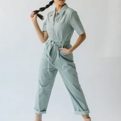 Piper & Scoot The Lindburg Corduroy Jumpsuit In Dusty Sage