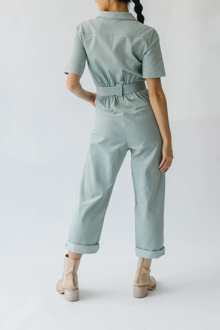 Piper & Scoot The Lindburg Corduroy Jumpsuit In Dusty Sage