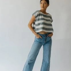 Piper & Scoot The Erma Striped Scoop Neck Blouse In Blue + White Tops