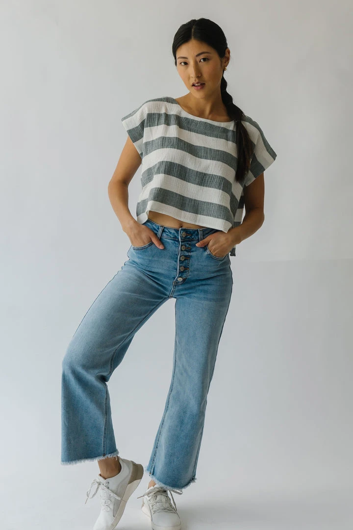 Piper & Scoot The Erma Striped Scoop Neck Blouse In Blue + White Tops