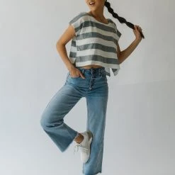 Piper & Scoot The Erma Striped Scoop Neck Blouse In Blue + White Tops