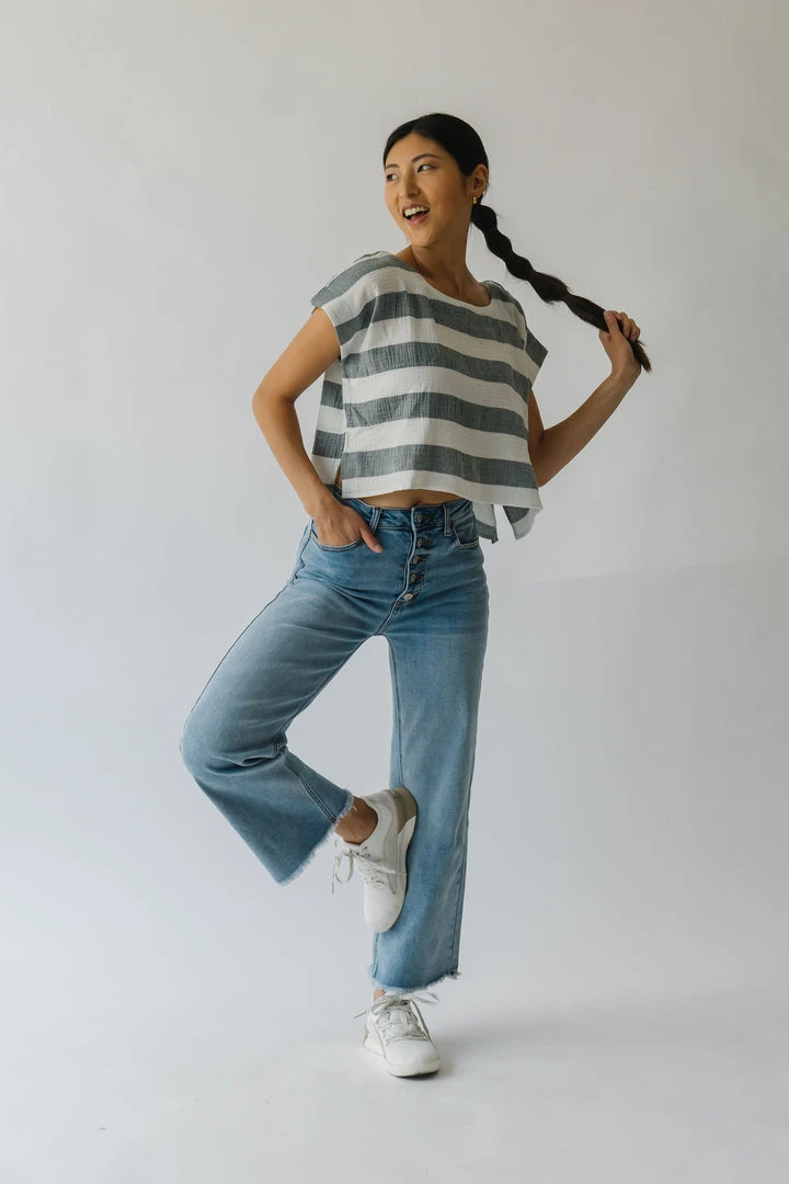 Piper & Scoot The Erma Striped Scoop Neck Blouse In Blue + White Tops