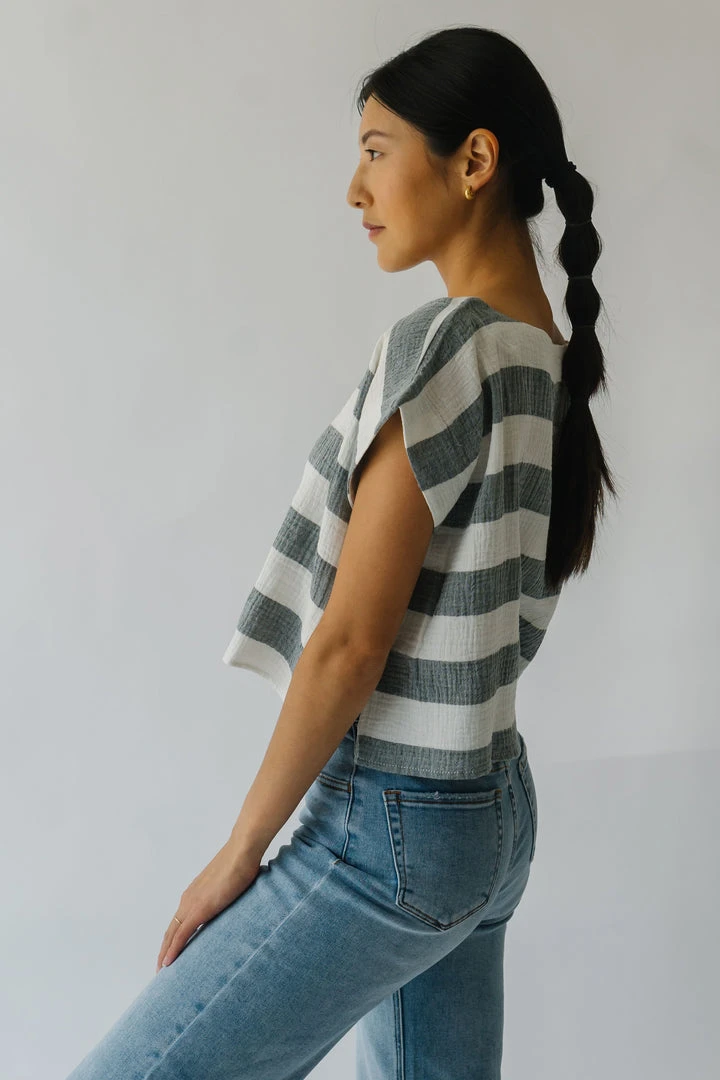 Piper & Scoot The Erma Striped Scoop Neck Blouse In Blue + White Tops