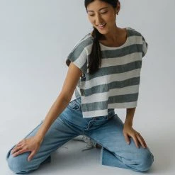 Piper & Scoot The Erma Striped Scoop Neck Blouse In Blue + White Tops