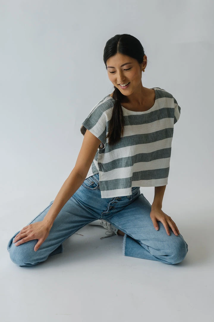 Piper & Scoot The Erma Striped Scoop Neck Blouse In Blue + White Tops