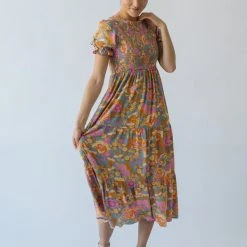 Piper & Scoot The Allred Puff Sleeve Midi Dress In Dusty Blue Dresses