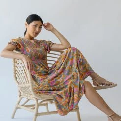 Piper & Scoot The Allred Puff Sleeve Midi Dress In Dusty Blue Dresses