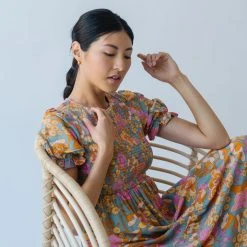 Piper & Scoot The Allred Puff Sleeve Midi Dress In Dusty Blue Dresses