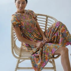 Piper & Scoot The Allred Puff Sleeve Midi Dress In Dusty Blue Dresses