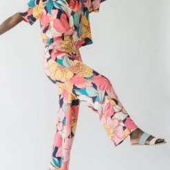 Piper & Scoot The Sander Floral Zipper Front Pants In Pink Bottoms + Jumpsuits