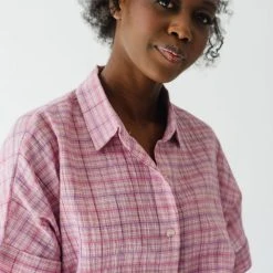 Piper & Scoot The Ashton Plaid Button Up Top In Pink