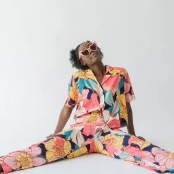 Piper & Scoot The Helma Floral Button Down Blouse In Pink Tops