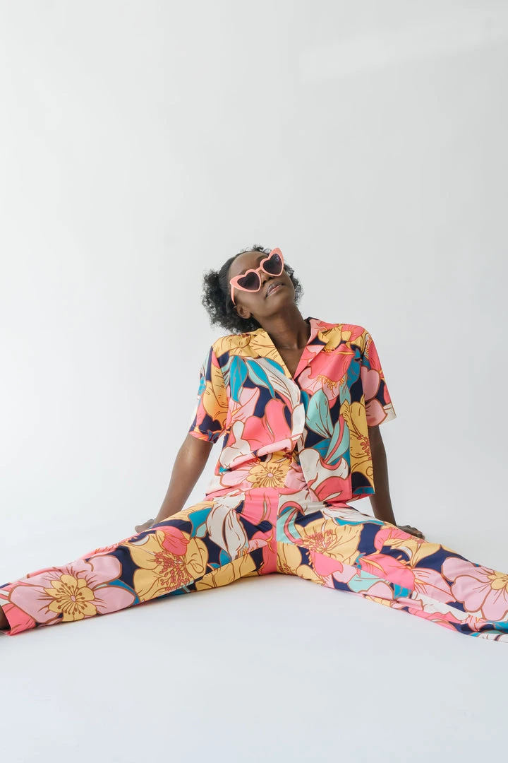 Piper & Scoot The Helma Floral Button Down Blouse In Pink Tops