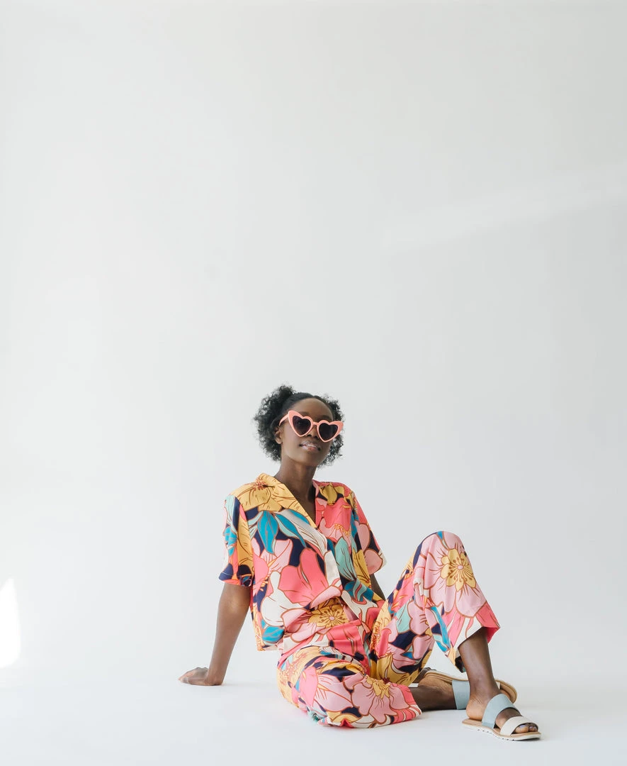 Piper & Scoot The Helma Floral Button Down Blouse In Pink Tops