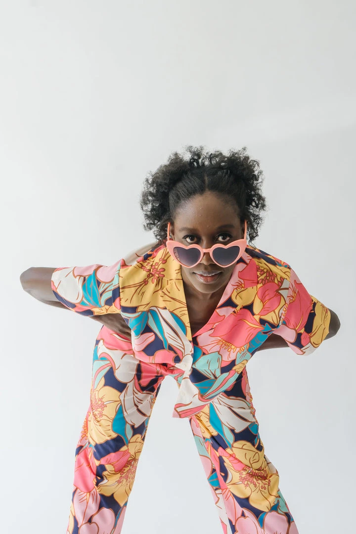 Piper & Scoot The Helma Floral Button Down Blouse In Pink Tops