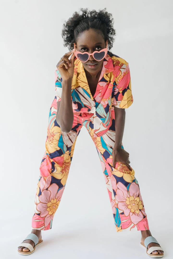 Piper & Scoot The Helma Floral Button Down Blouse In Pink Tops