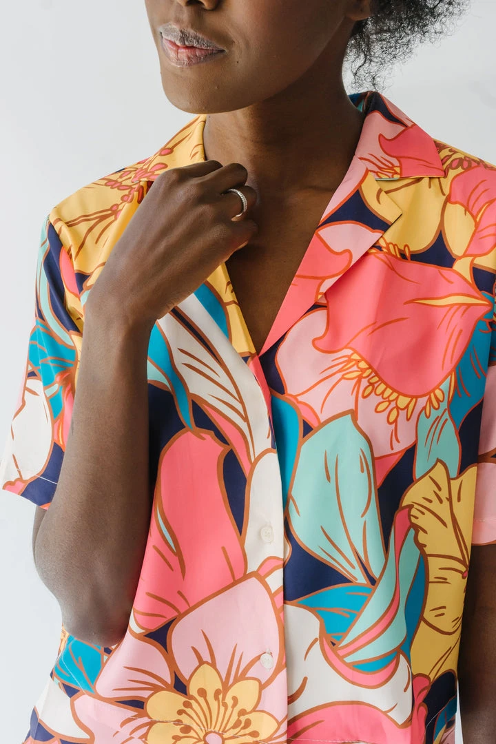 Piper & Scoot The Helma Floral Button Down Blouse In Pink Tops