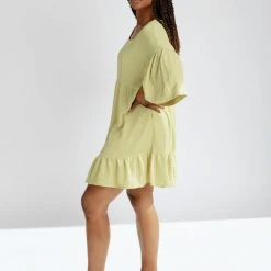 Piper & Scoot The Enzo Textured Square Neck Dress In Lemon Grass