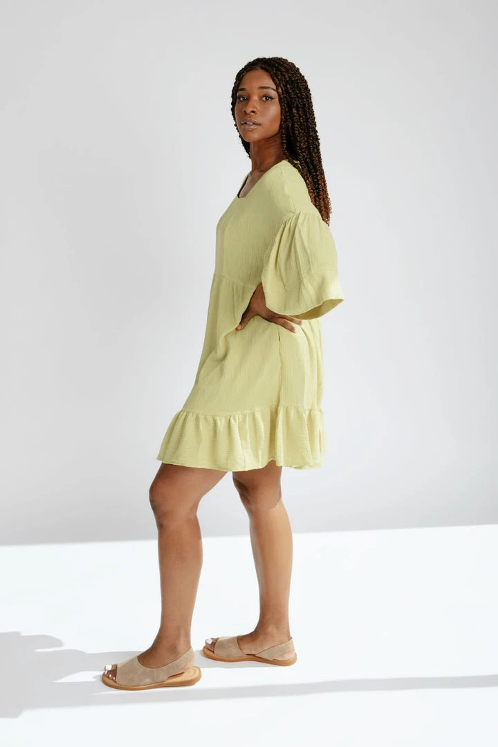 Piper & Scoot The Enzo Textured Square Neck Dress In Lemon Grass