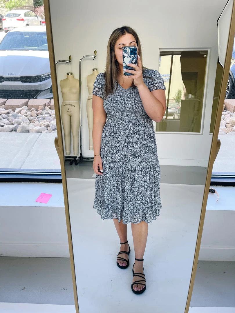 Piper & Scoot The Geraldine Ruffle Smocked Midi Dress In Black Dresses