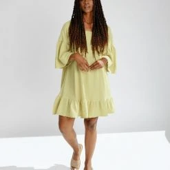 Piper & Scoot The Enzo Textured Square Neck Dress In Lemon Grass
