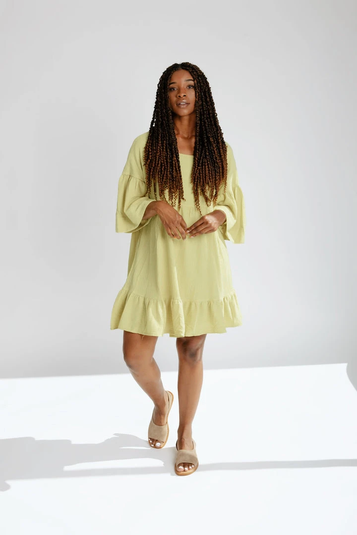 Piper & Scoot The Enzo Textured Square Neck Dress In Lemon Grass