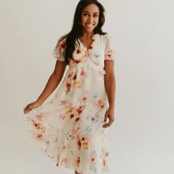 Piper & Scoot The Brom Floral Ruffle Dress In Ivory