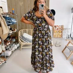 Piper & Scoot The Hobart Floral Square Neck Dress In Black