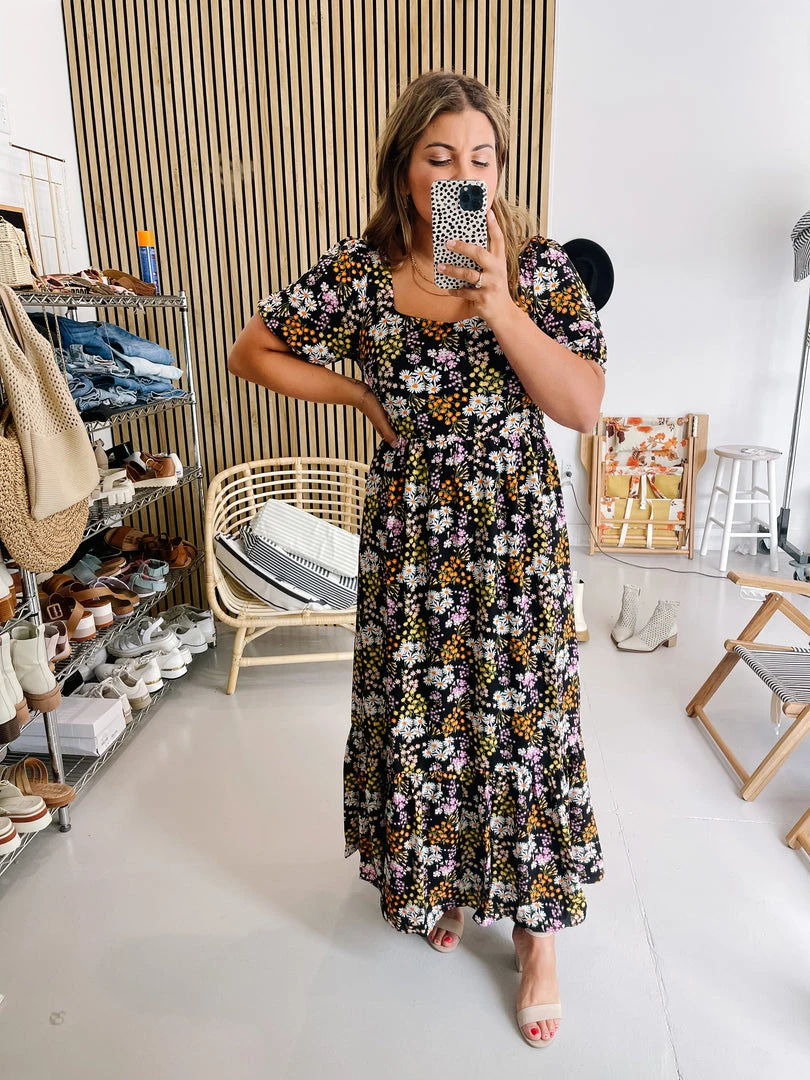 Piper & Scoot The Hobart Floral Square Neck Dress In Black