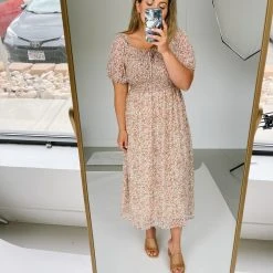 Piper & Scoot Dresses The Magnus Smocked Floral Midi Dress In Faded Peach