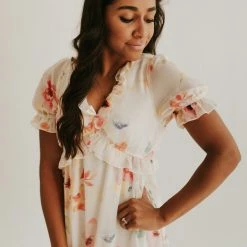 Piper & Scoot The Brom Floral Ruffle Dress In Ivory
