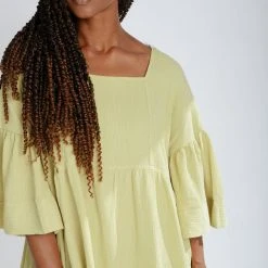 Piper & Scoot The Enzo Textured Square Neck Dress In Lemon Grass