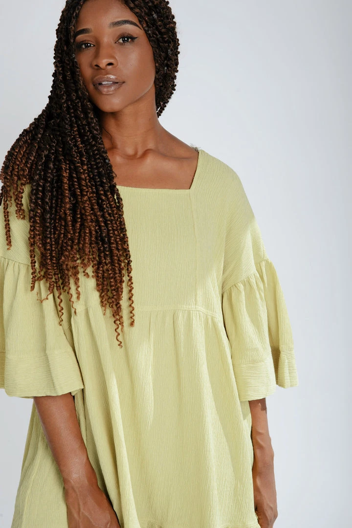 Piper & Scoot The Enzo Textured Square Neck Dress In Lemon Grass