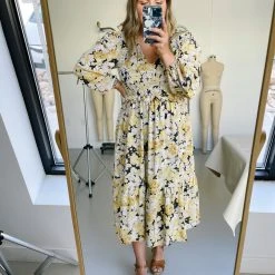 Piper & Scoot The Aero Smocked Midi Dress In Mustard Floral