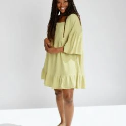 Piper & Scoot The Enzo Textured Square Neck Dress In Lemon Grass