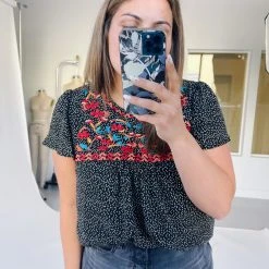 Piper & Scoot The Avis Animal Print Embroidered Blouse In Black Tops