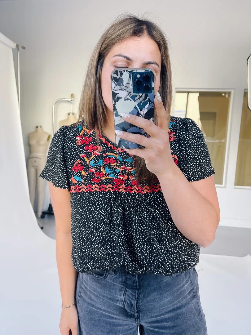 Piper & Scoot The Avis Animal Print Embroidered Blouse In Black Tops