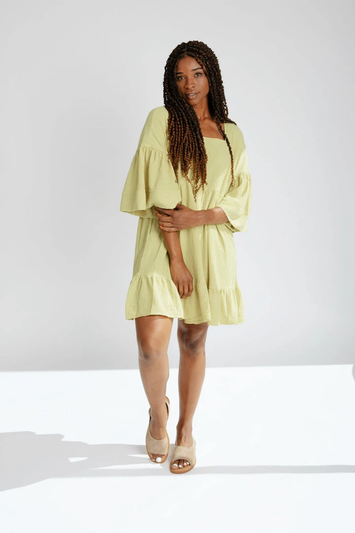Piper & Scoot The Enzo Textured Square Neck Dress In Lemon Grass