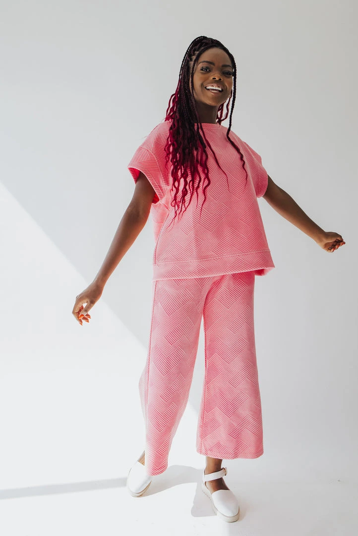 Piper & Scoot The Ronnie Textured Wide Leg Pant In Bubble Gum Pink Bottoms + Jumpsuits