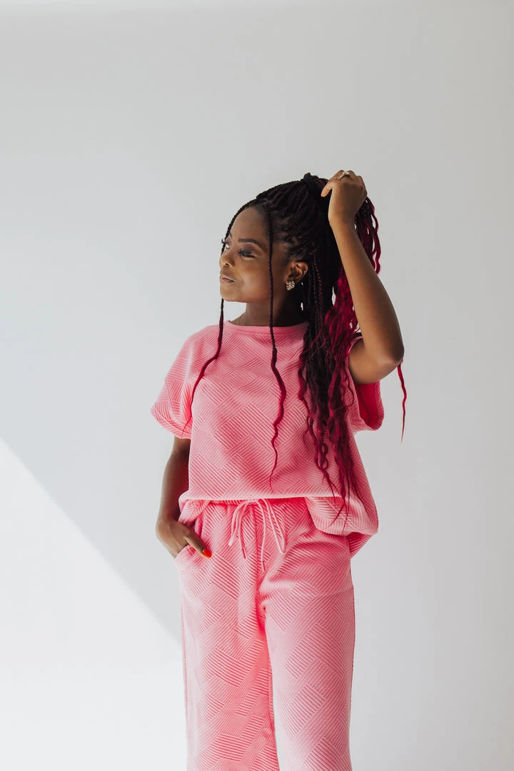 Piper & Scoot The Ronnie Textured Wide Leg Pant In Bubble Gum Pink Bottoms + Jumpsuits